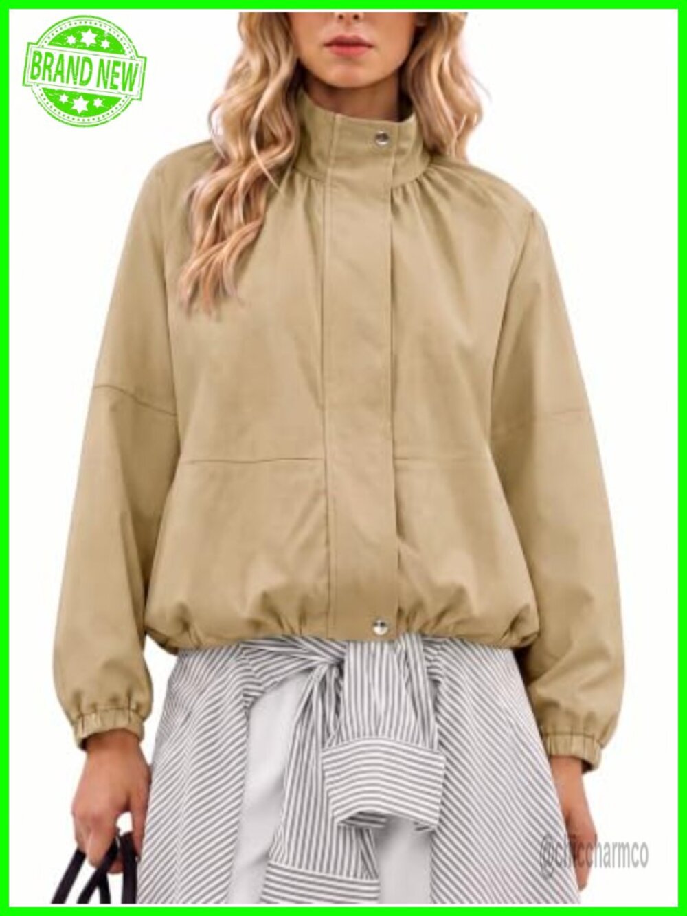Womens Cropped Bomber Jacket Zip Up Pleated Collar Casual Coat Layer